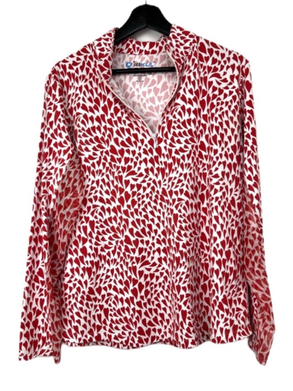 IBKUL DAVINA RED HEARTS Long Sleeve 1/4 Mock Neck Cooling Golf Shirt XL Active